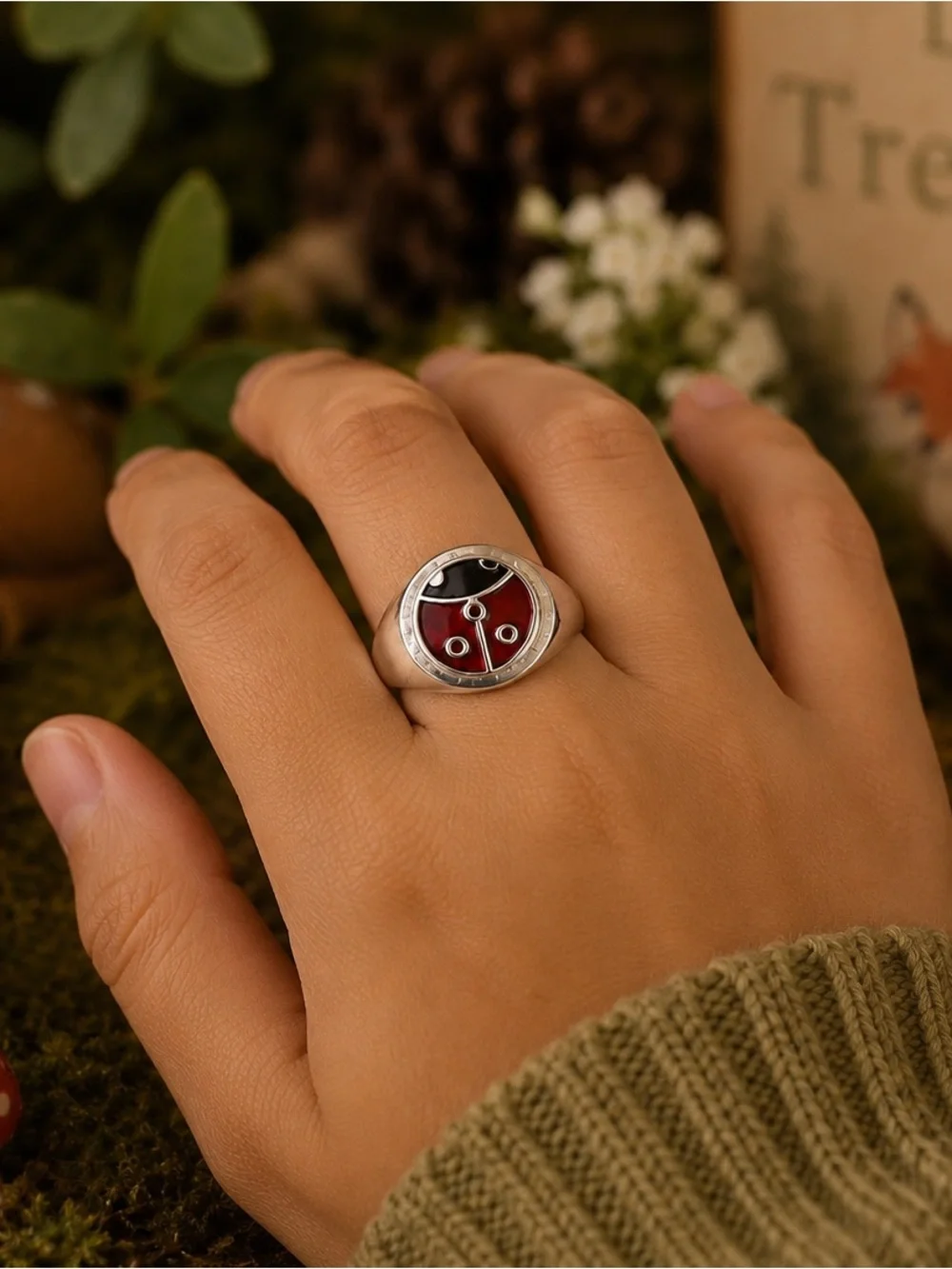 Whimsical Woodland Ladybug Signet Ring- Silver plated. Size 6.